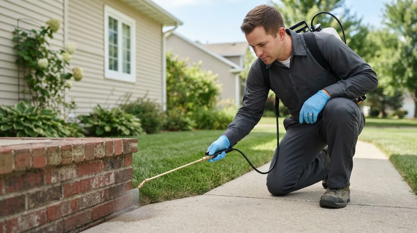 Pest control technician treating a home near Normanna, TX
